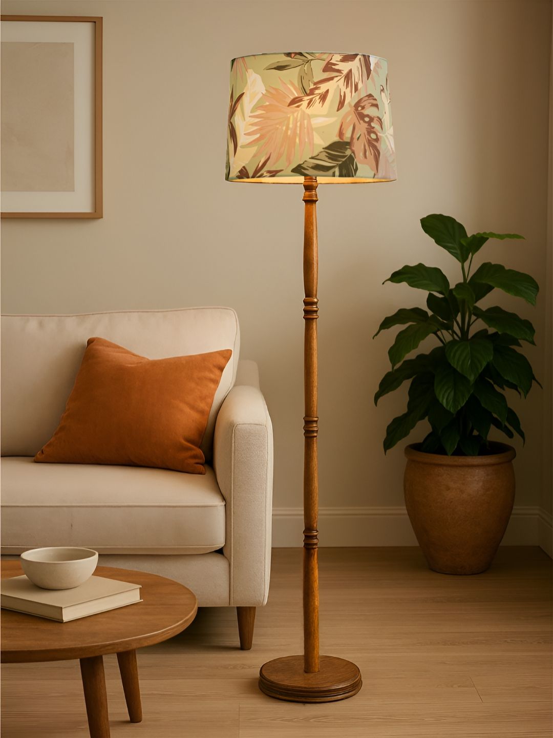 Decorcity Brown & Green Printed Wooden Cylinder Shaped Floor Lamp-image-49