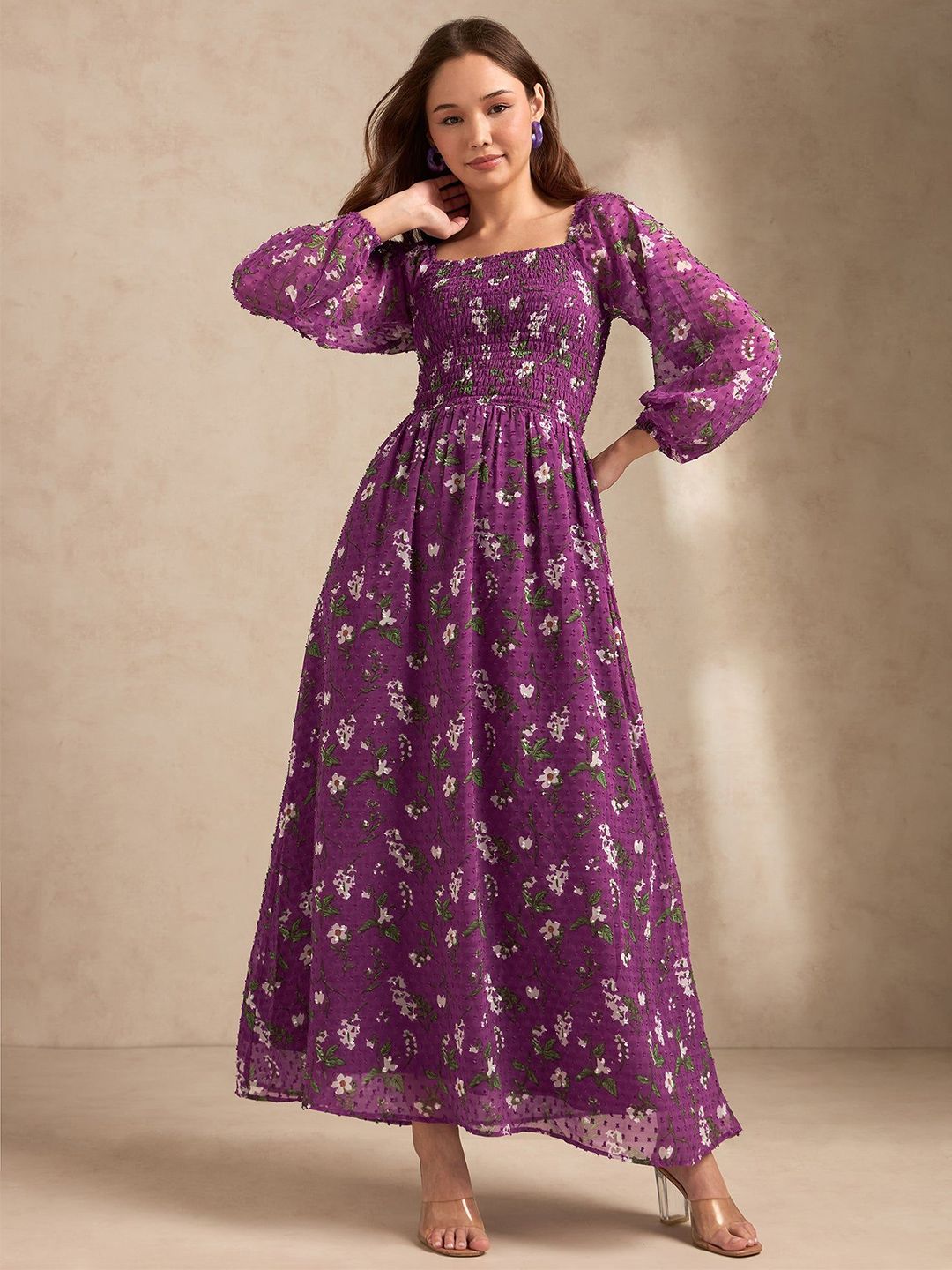 Outzidr Floral Printed Off-Shoulder Smocked Maxi Dress-picture-17