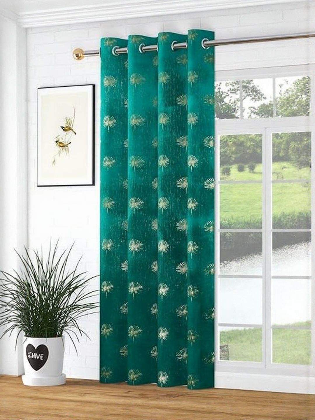GEET CREATIONS Green & Gold-Toned Floral Printed Room Darkening Velvet Long Door Curtain-picture-12