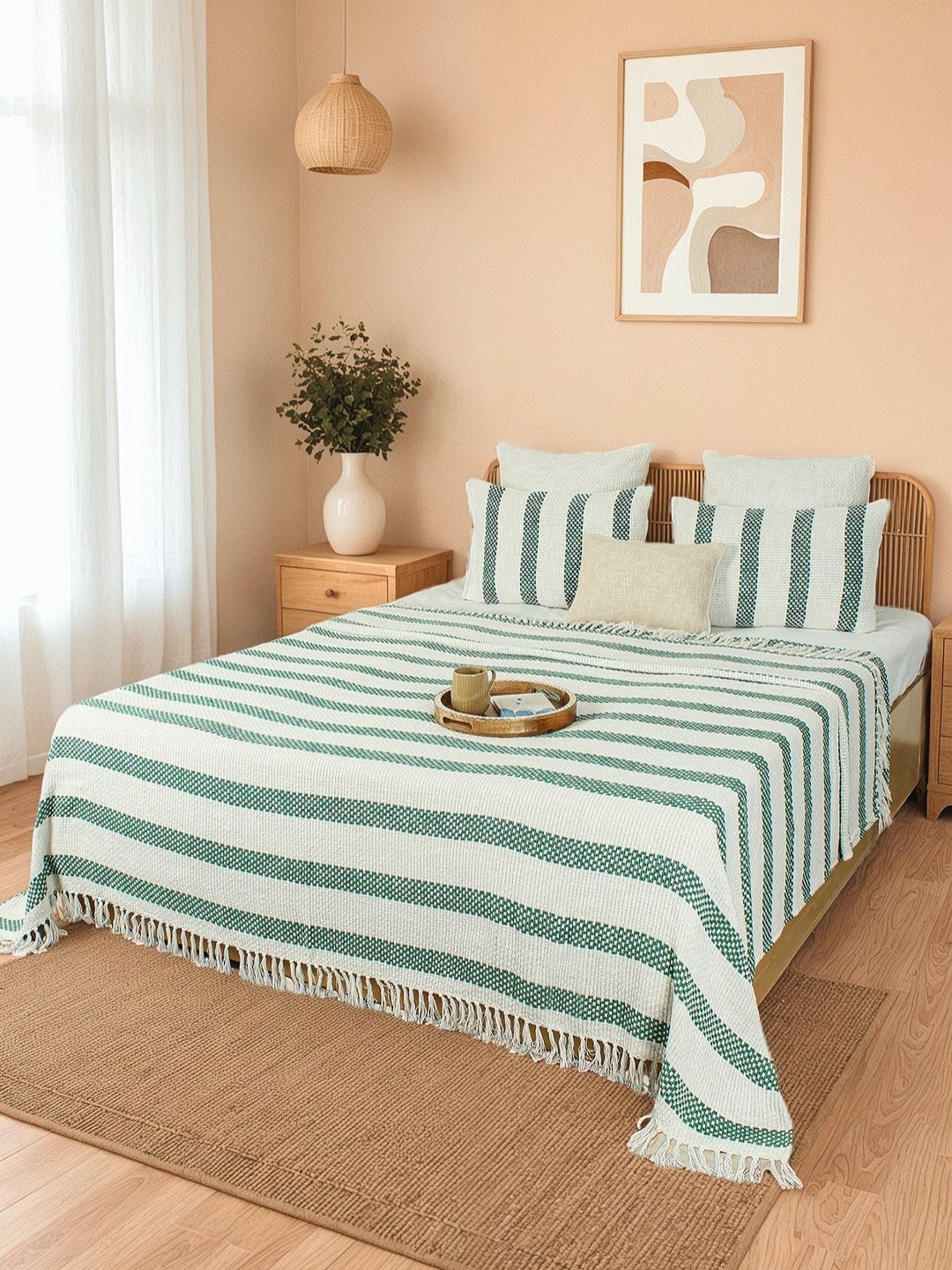 House This Green & White Striped Double Queen Bed Cover-picture-15