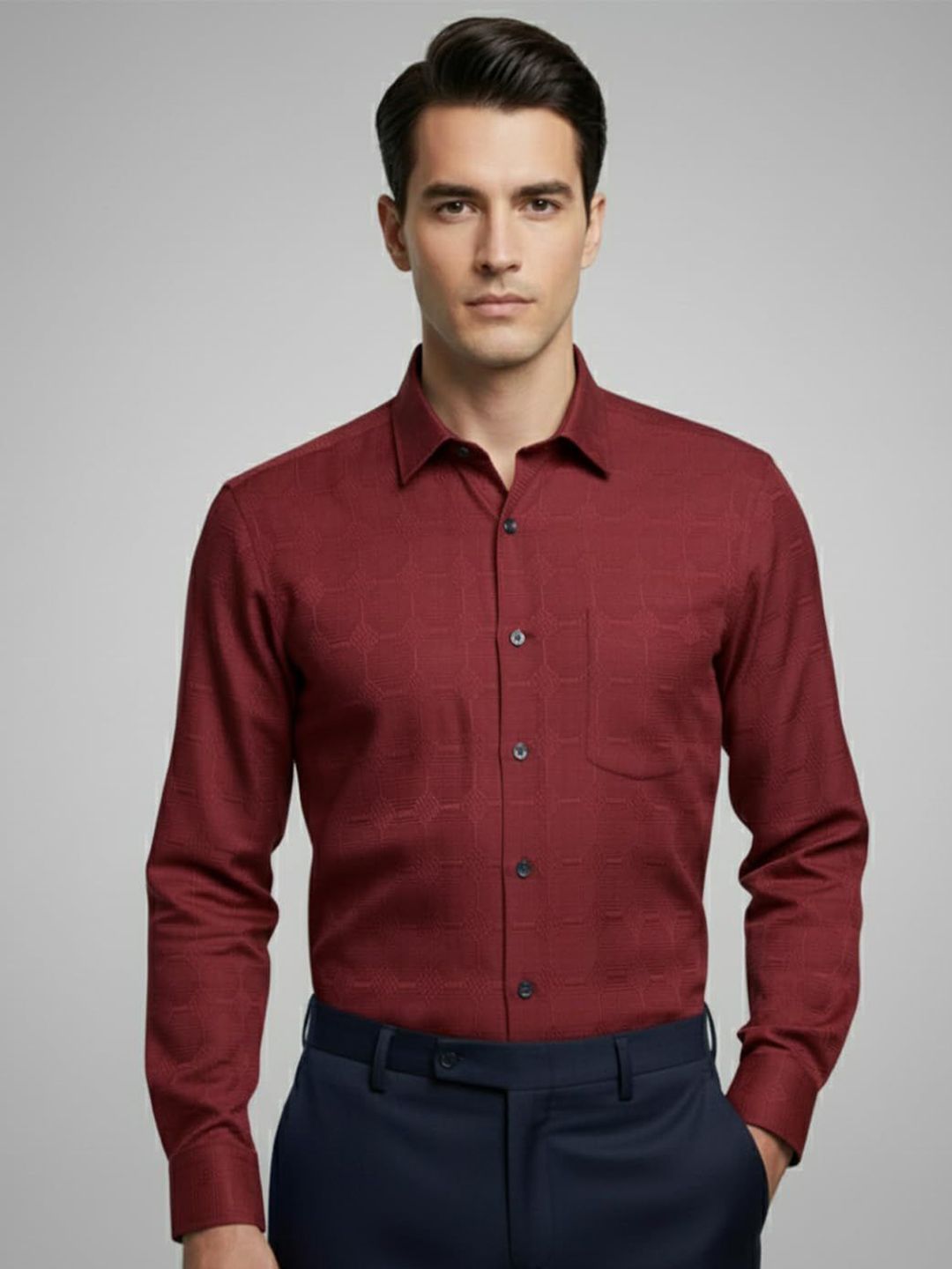 Yugnik Men Smart Slim Fit Textured Spread Collar Cotton Formal Shirt-picture-31