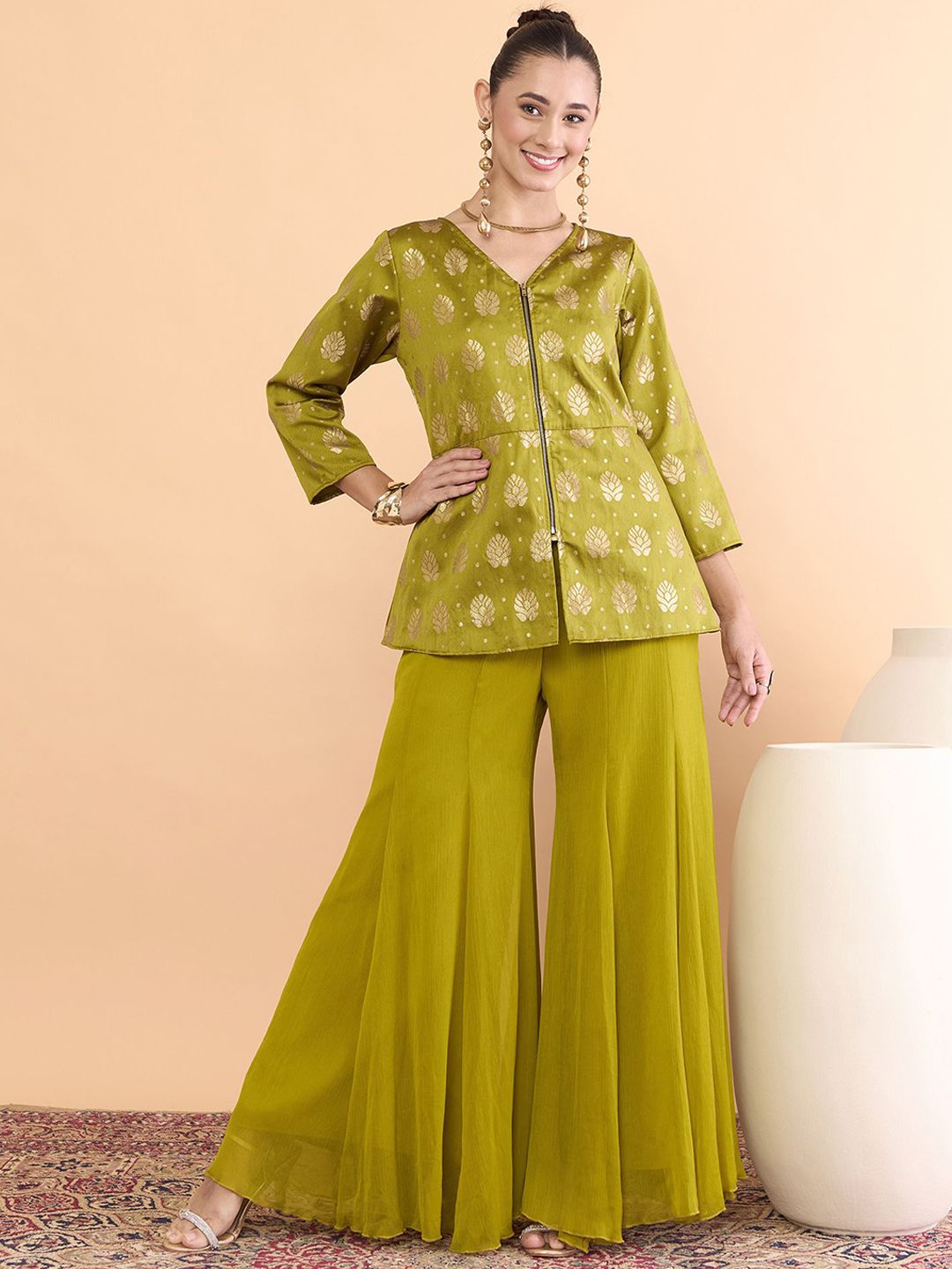 Antheaa Woven Design V-Neck Tunic With Palazzos