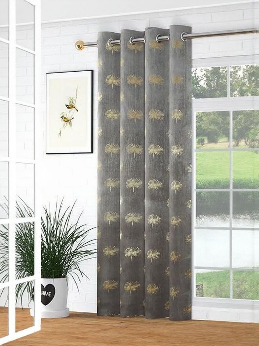 GEET CREATIONS Grey & Gold-Toned Floral Printed Room Darkening Velvet Long Door Curtain-picture-33