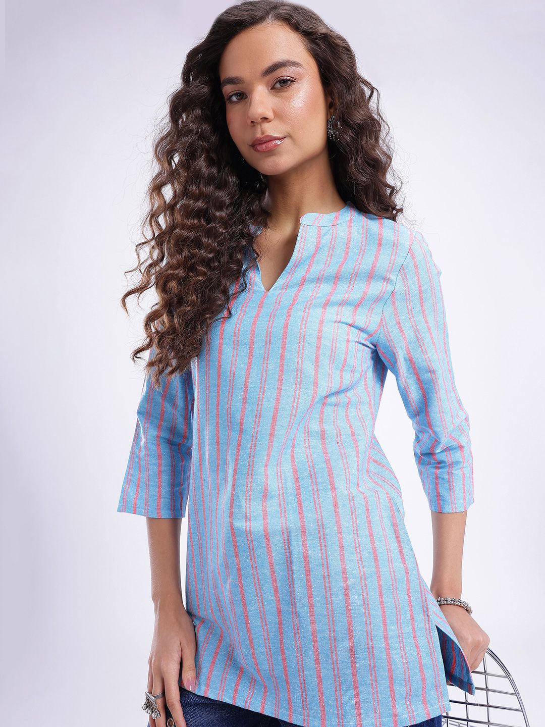 Anouk Rustic Striped Mandarin Collar Straight Kurti-picture-16
