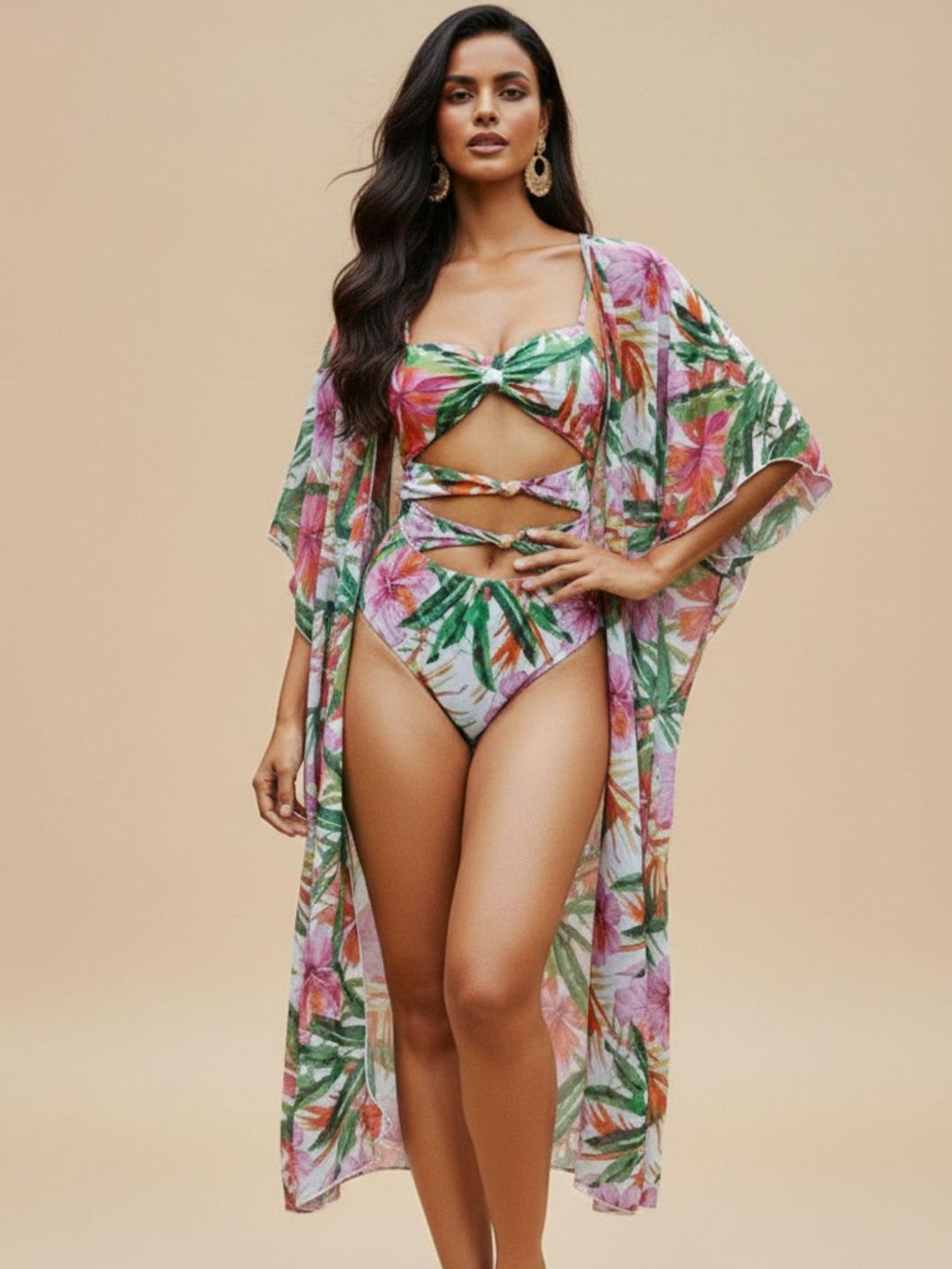WomanLikeU Tropical Cutout Printed Above Knee Monokini With Cover-Up-picture-9
