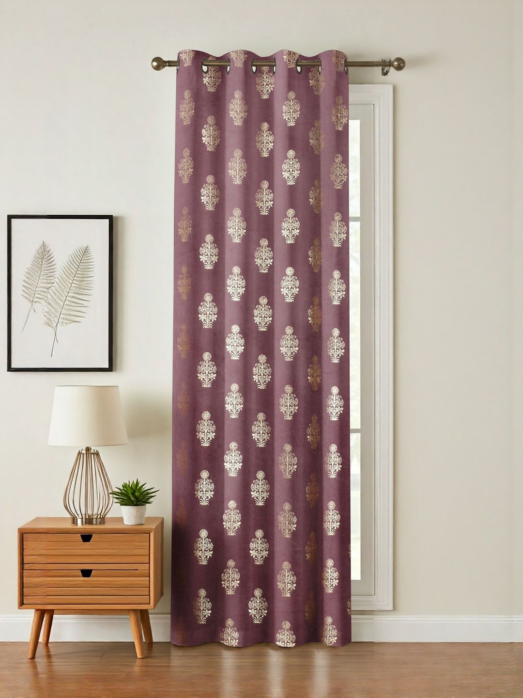 GEET CREATIONS Violet & Gold Floral Velvet Room Darkening Window Curtain-picture-27
