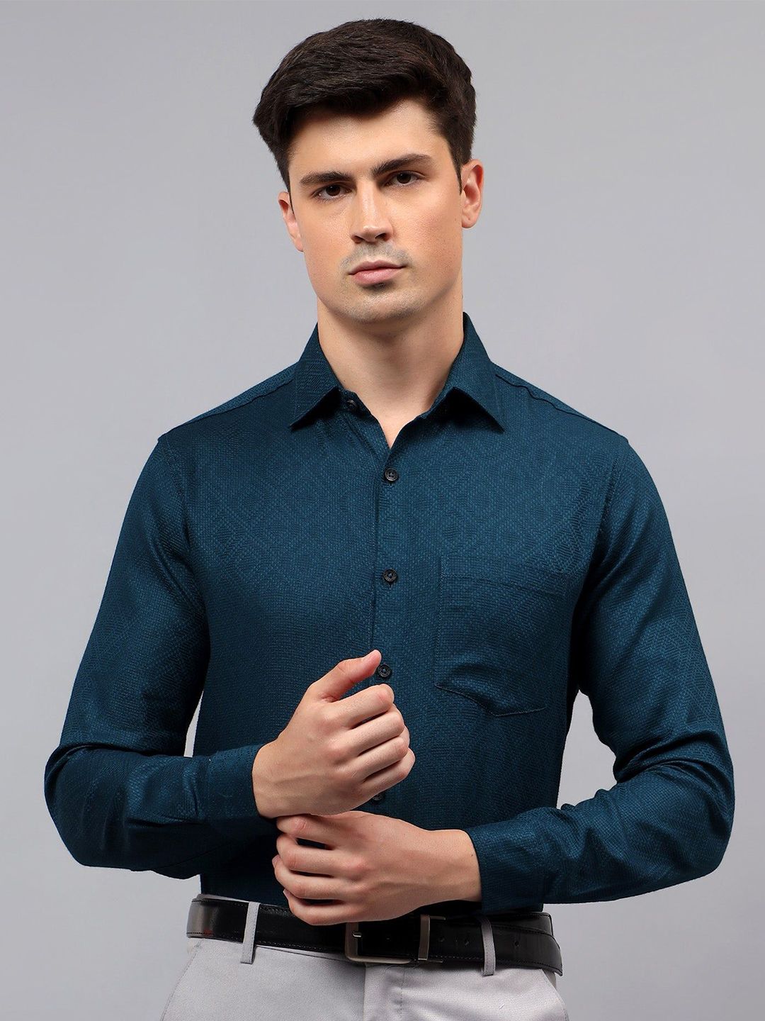 Yugnik Men Smart Slim Fit Textured Spread Collar Cotton Formal Shirt-image-31