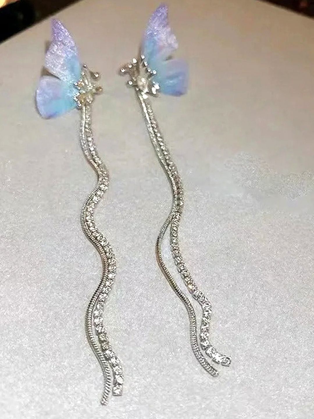 styledose Sterling Silver Zircon Studded Tasselled Butterfly Shaped Drop Earrings-picture-19