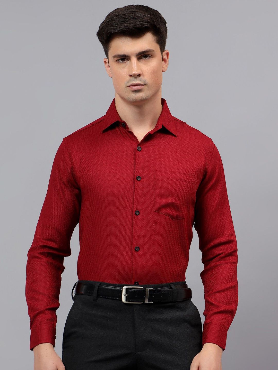 Yugnik Men Smart Slim Fit Textured Spread Collar Cotton Formal Shirt-image-32