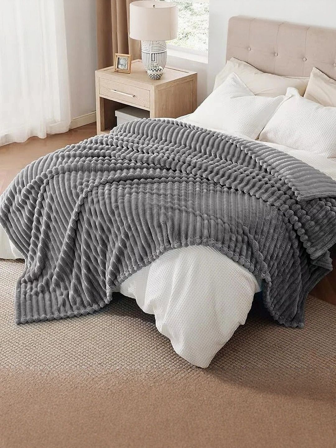 LA VERNE Grey Self Design Fleece Mild Winter 300 GSM Double Blanket-image-35