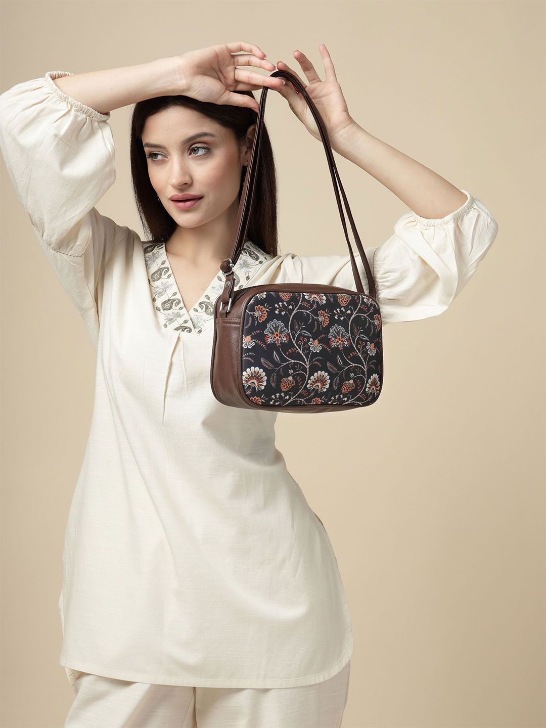 Anouk Women Black Floral Printed PU Sling Bag with Applique-picture-23