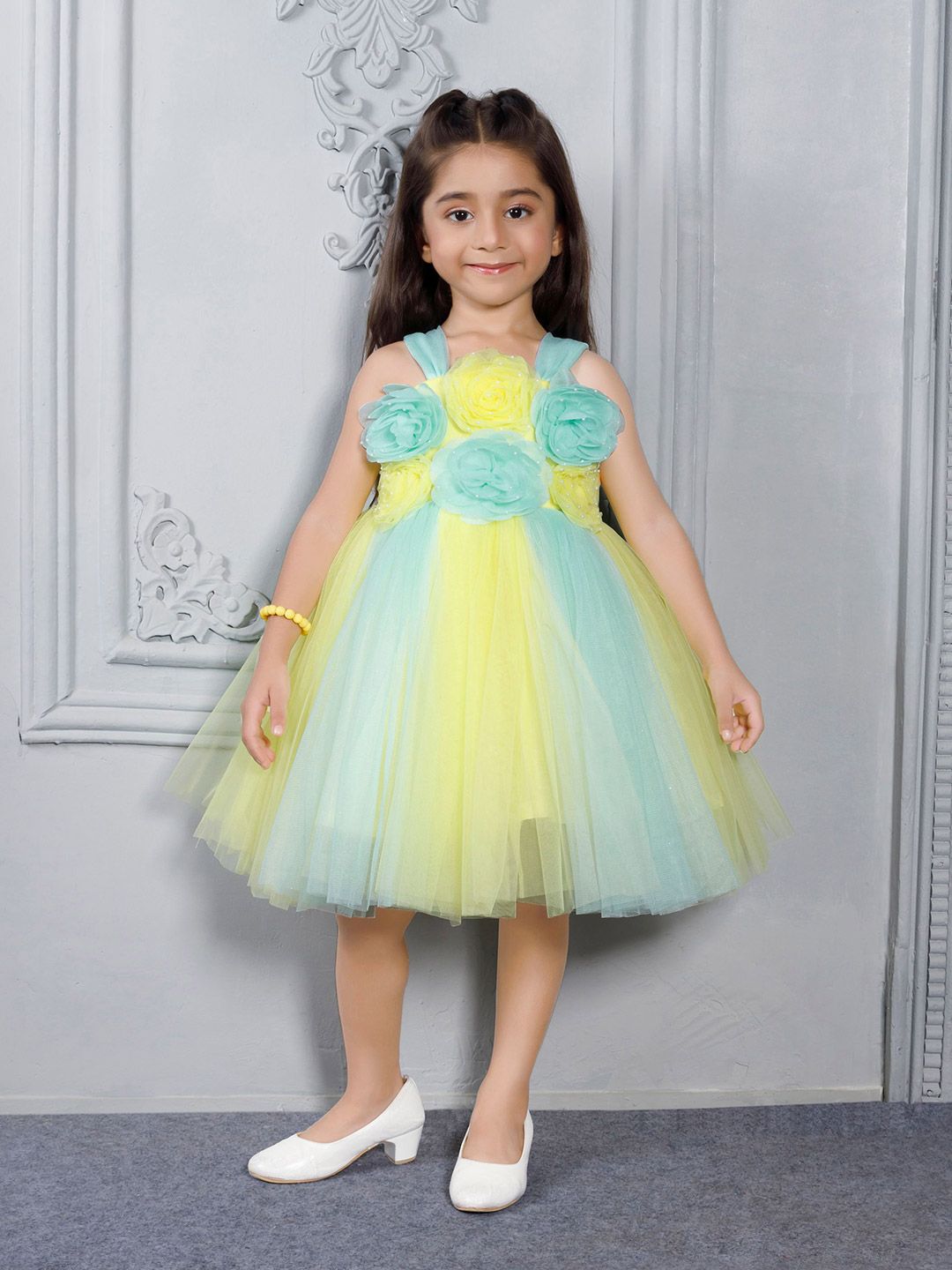 Ministitch Girls Solid Floral Applique Net Fit & Flare Dress-picture-48