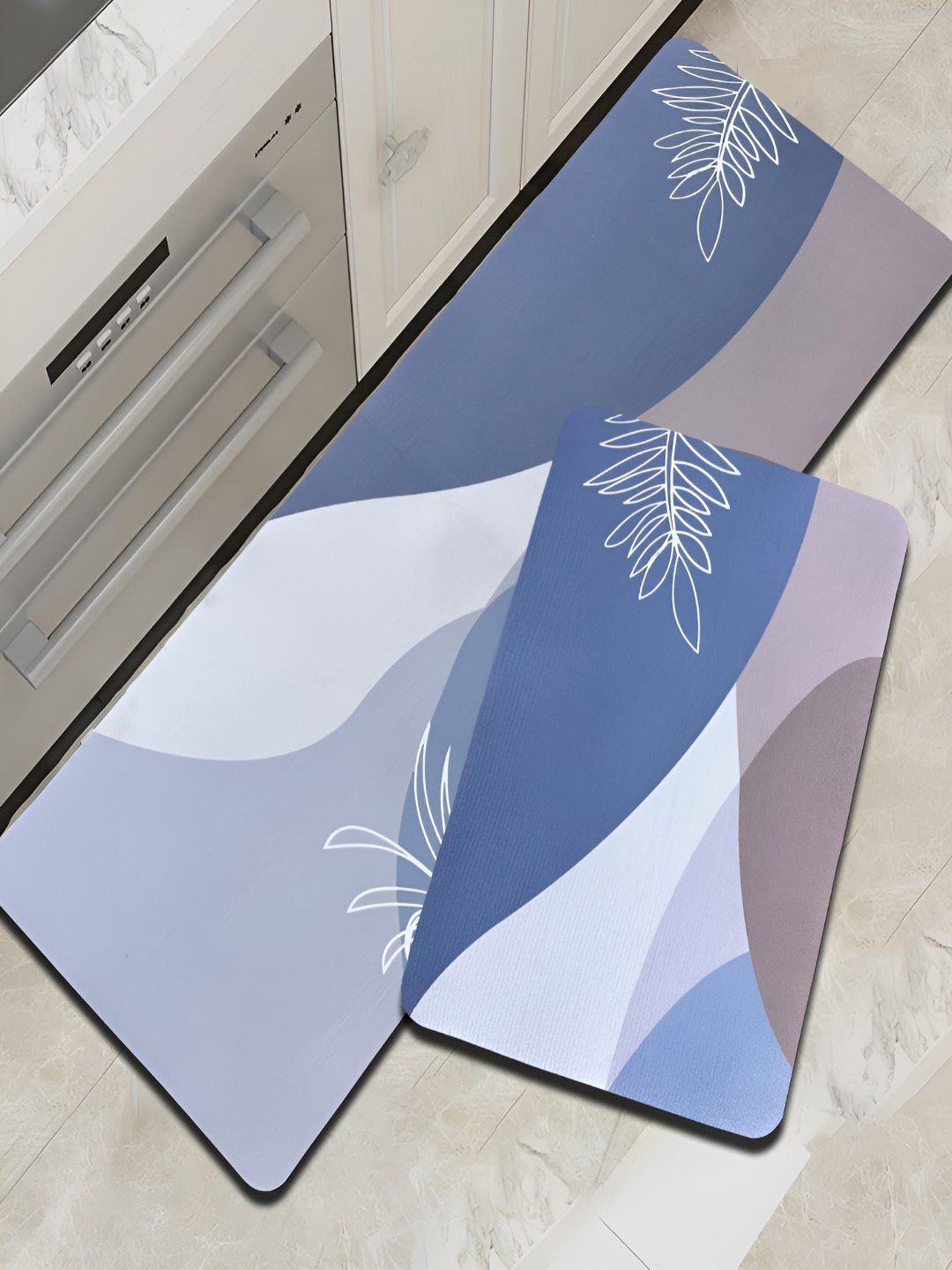 GRISHVA 2Pcs Blue & White Leaf Printed Anti-Skid Kitchen Mats-picture-58