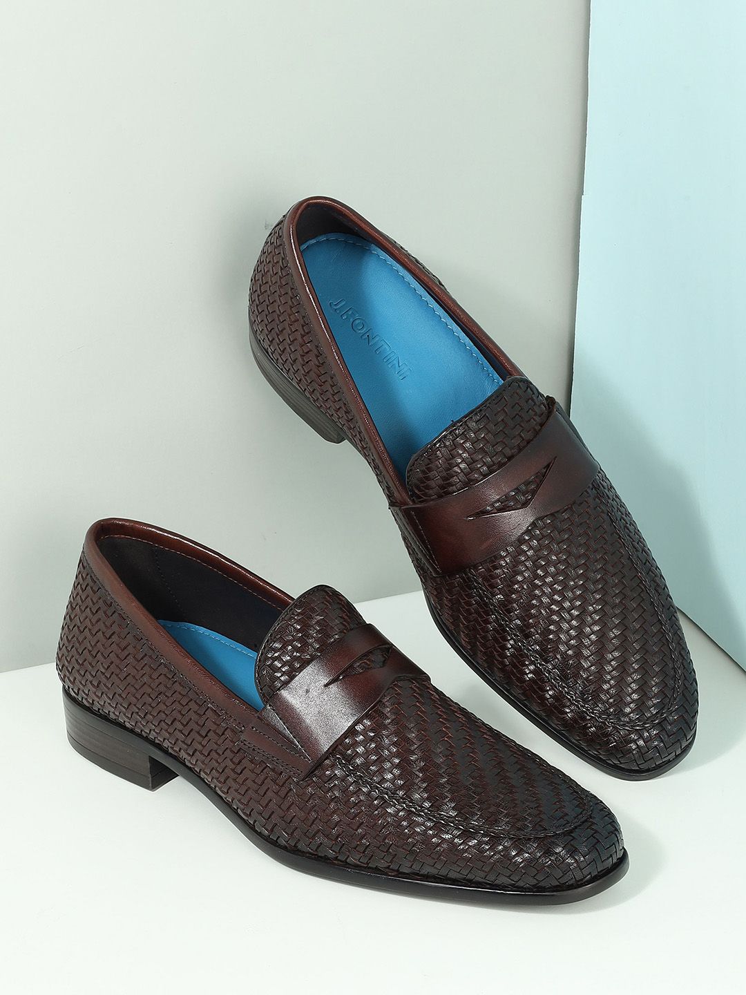 Mochi Men Textured Woven Design Leather Slip-On Formal Loafers-picture-43