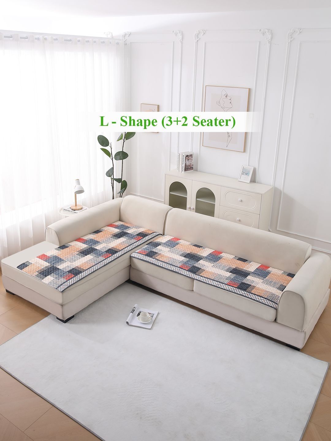 HOKIPO LiefNest White 2 Pcs Printed Holland Velvet L Shape 5 Seater Sofa Cover & Filling-picture-20