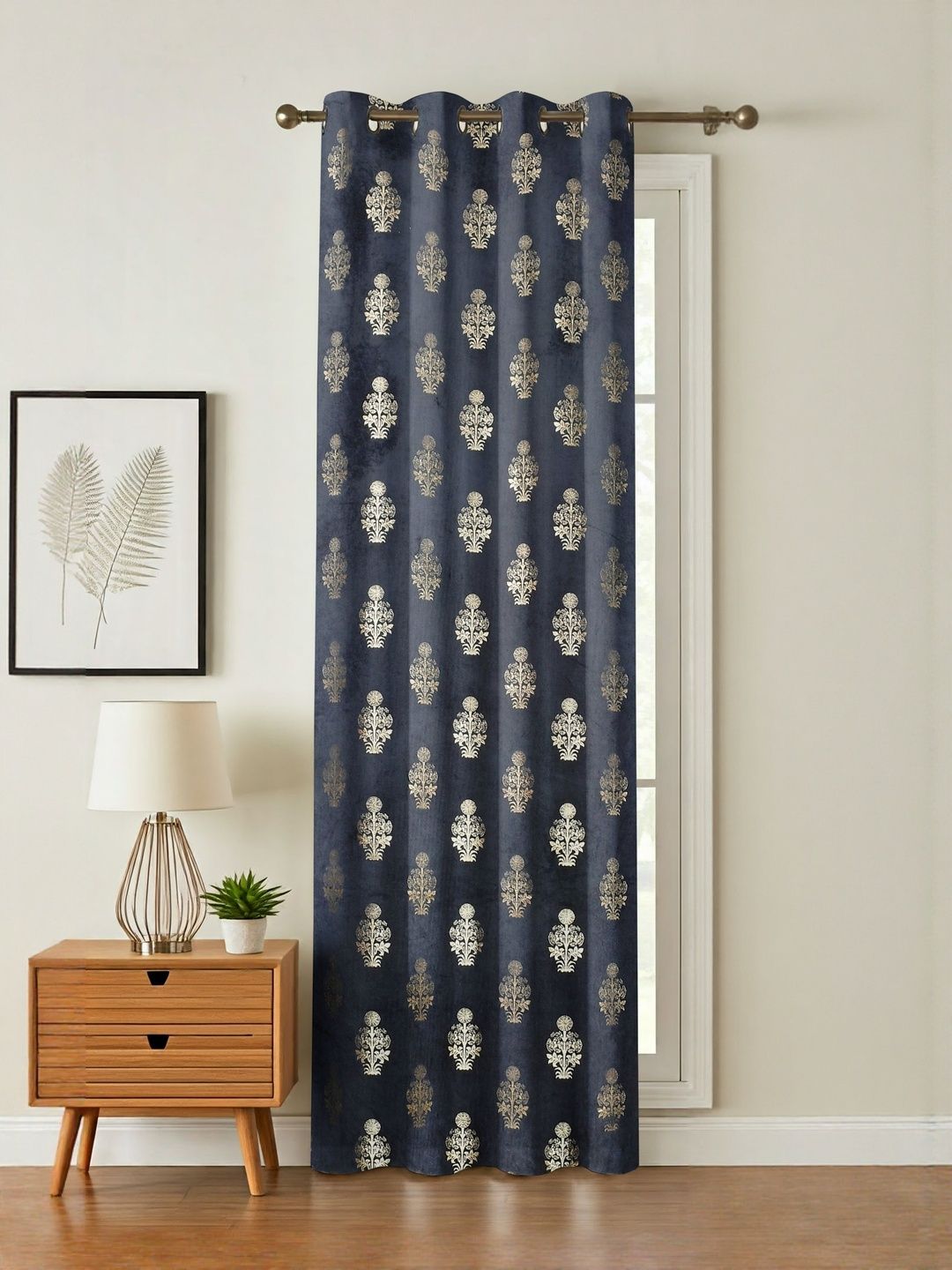 GEET CREATIONS Navy Blue & Gold-Toned Floral Printed Room Darkening Velvet Window Curtain-picture-24