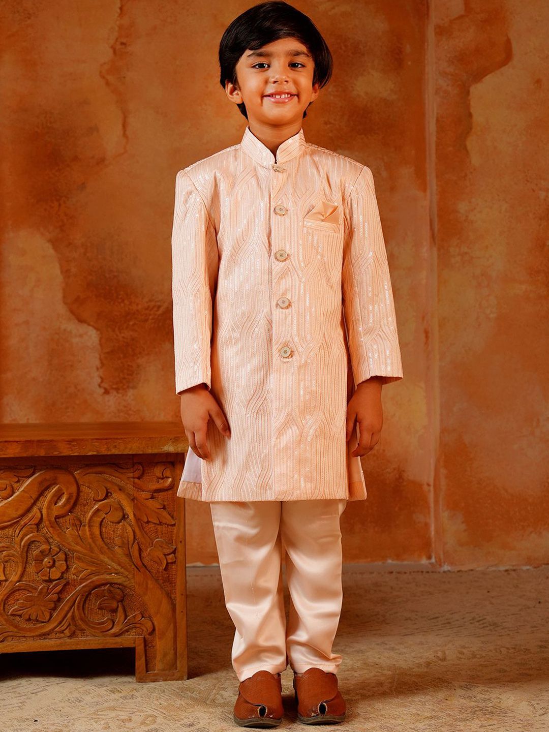 Aj DEZInES Boys Peach Jacquard Full Sleeves Sequins and Embroidery Sherwani-picture-25