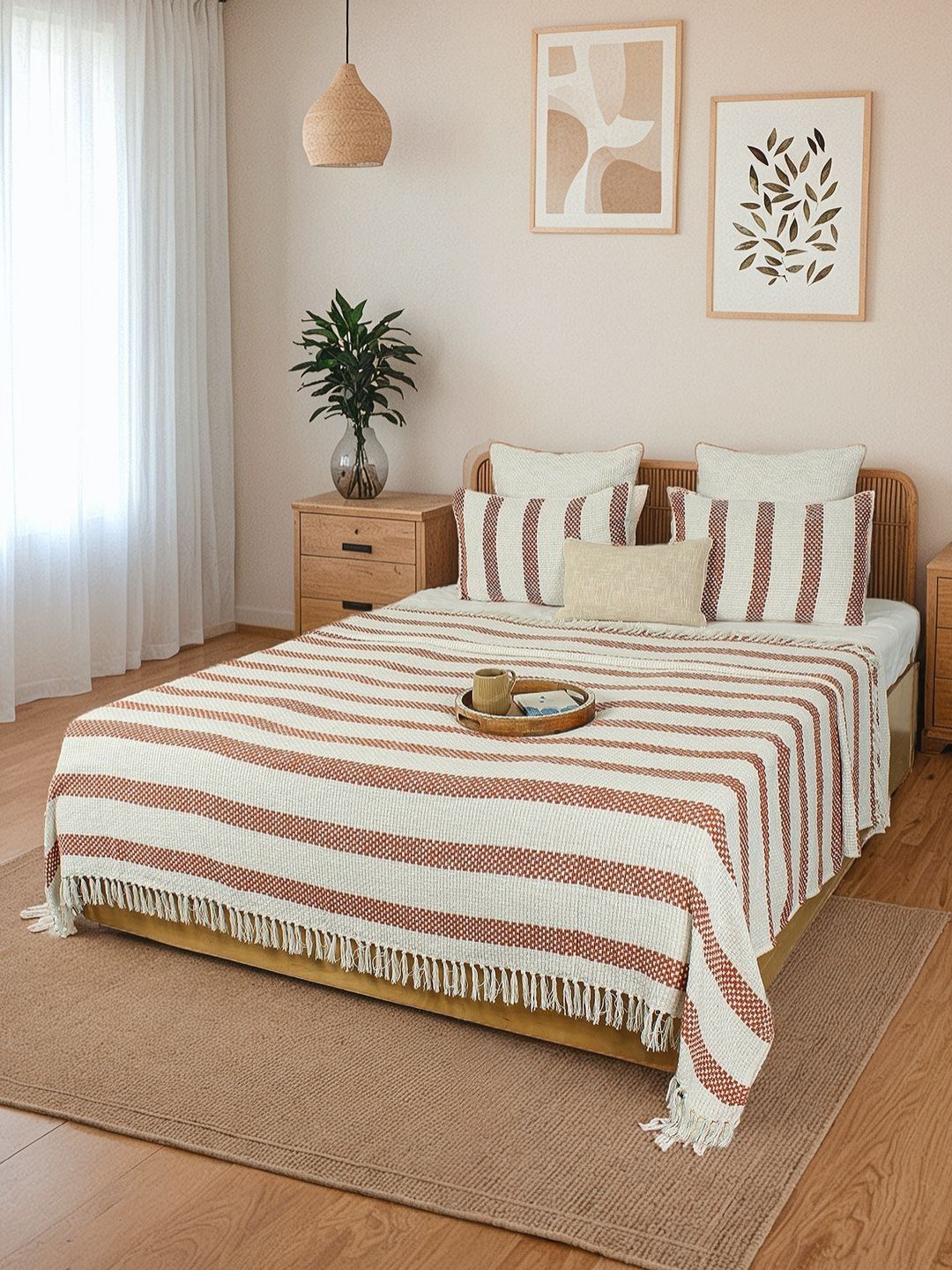 House This Shivalik Rust & White Self-Designed Striped Double Queen Bed Cover-picture-34