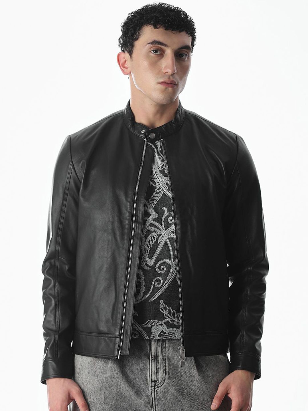 Jack & Jones Men Mandarin Collar Solid Leather Jacket-picture-37