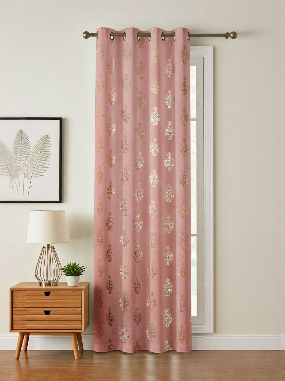 GEET CREATIONS Pink & Gold-Toned Floral Room Darkening Door Eyelet Velvet Curtain-picture-34