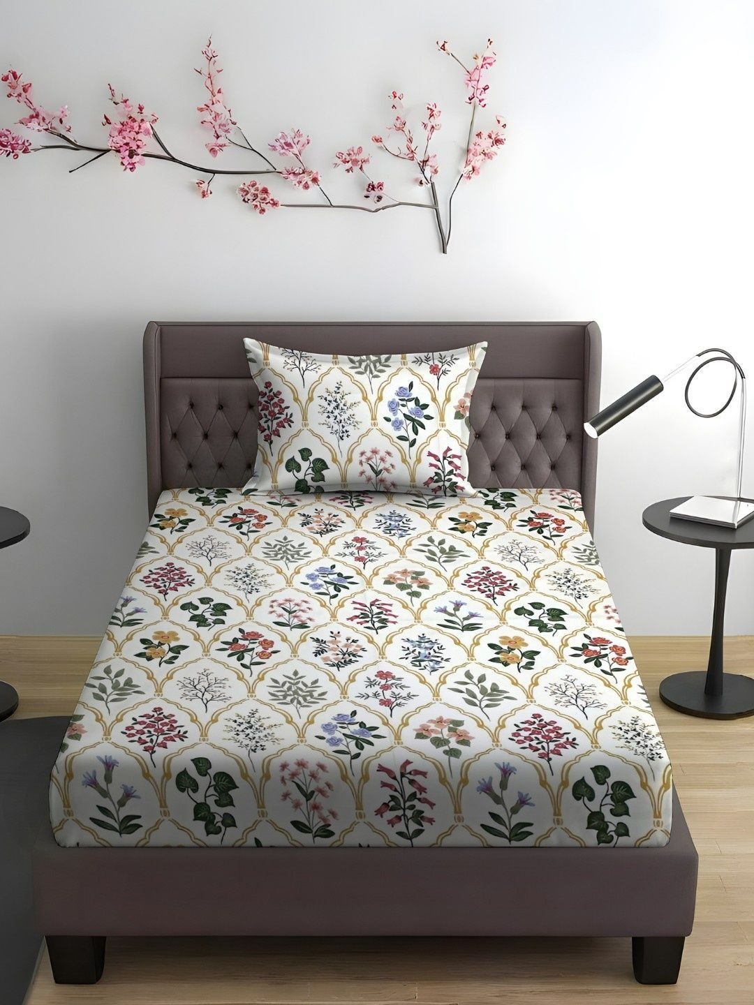WEAVE AND DECOR Off White Printed Pure Cotton 300 TC Single Bedsheet Set 1.98 m x 91 44 cm-picture-32