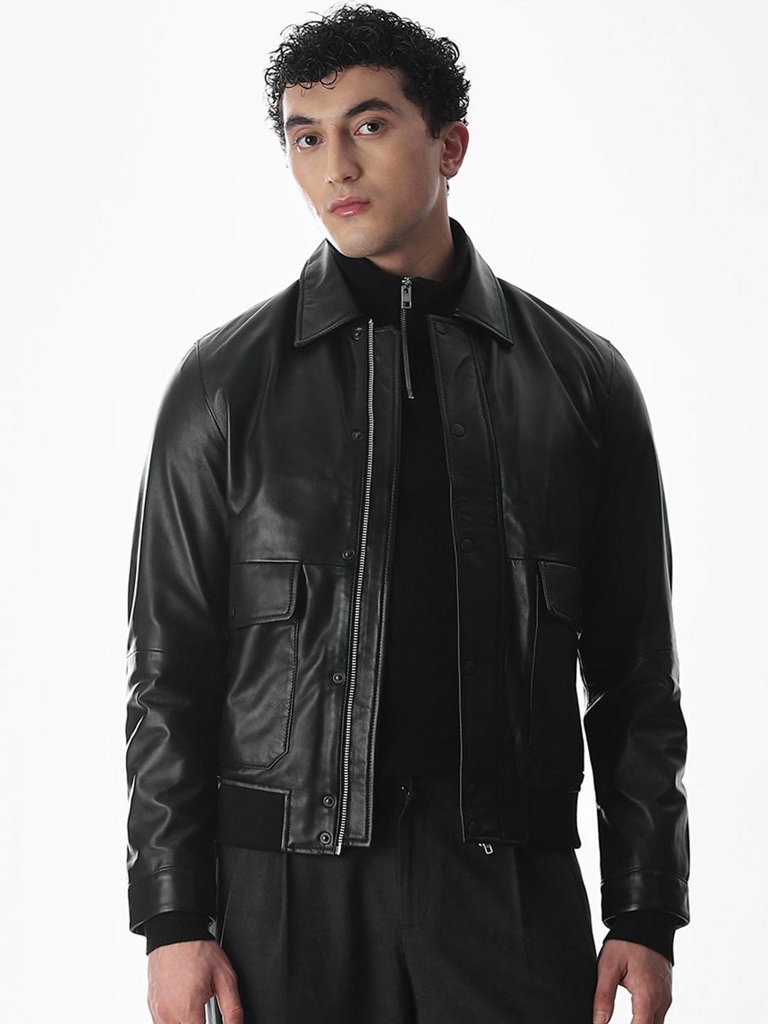 Jack & Jones Men Spread Collar Solid Leather Jacket-picture-40