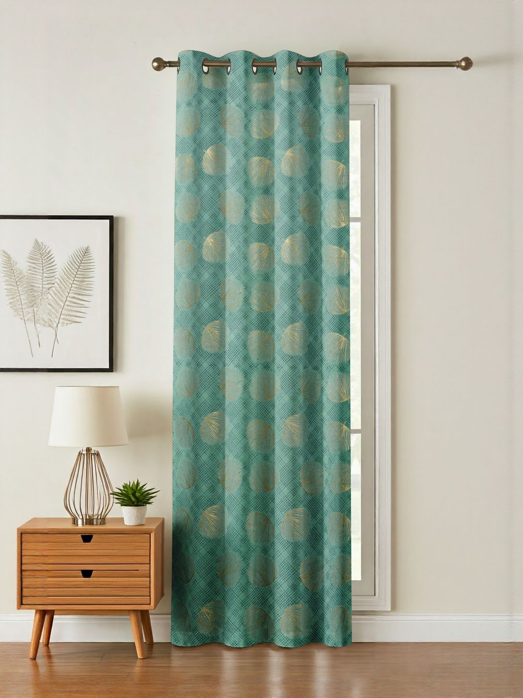 GEET CREATIONS Green & Gold-Toned Floral Room Darkening Window Eyelet Velvet Curtain-image-8