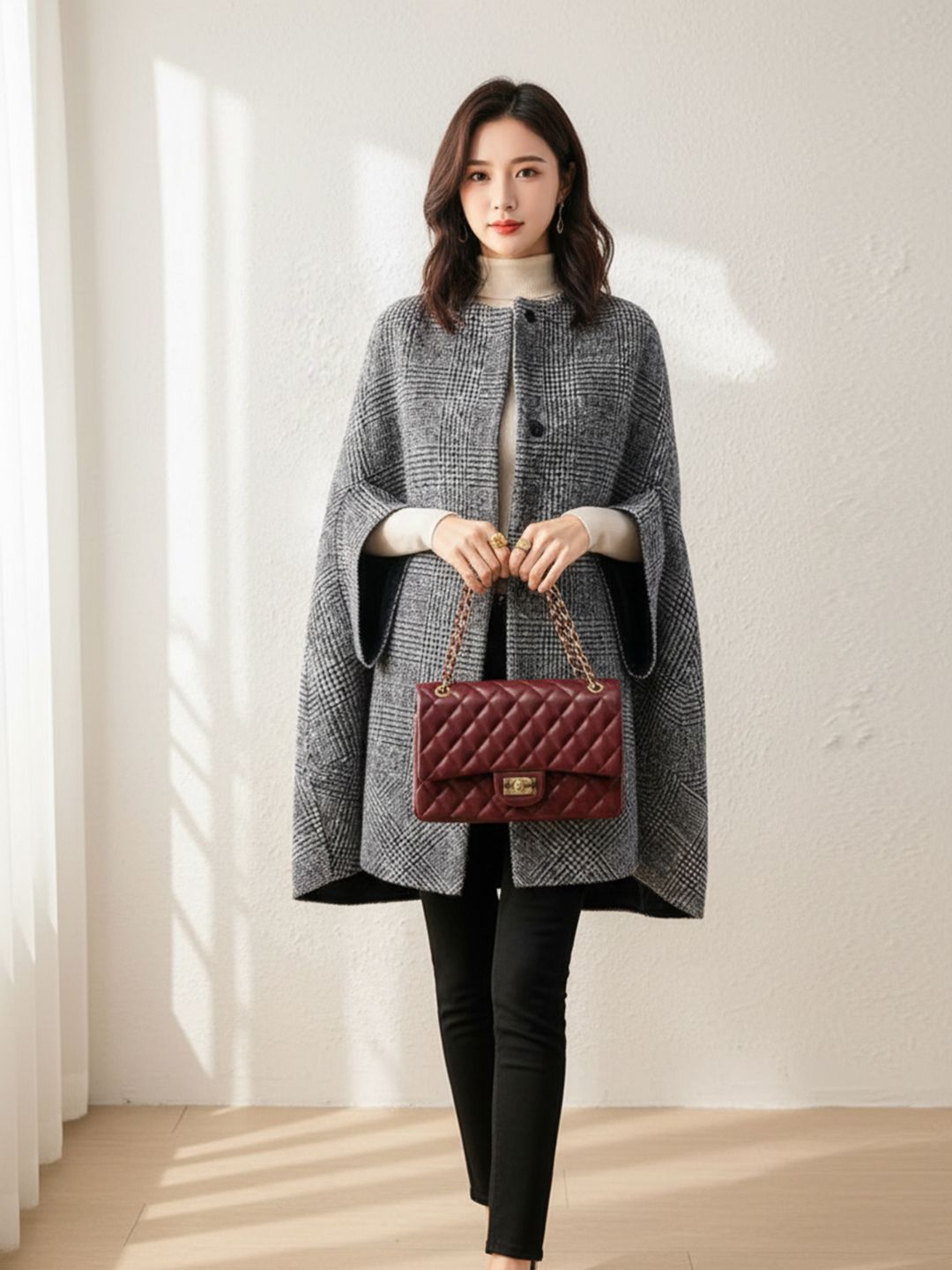 HERE&NOW Women Grey Checked Polyester Overcoat-image-35