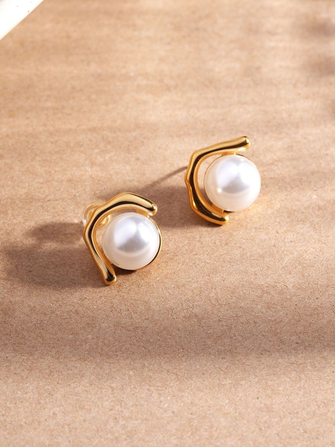 PALMONAS Gold-Plated Stainless Steel Sculpted Pearl Waterproof & Anti-Tarnish Studs-picture-10