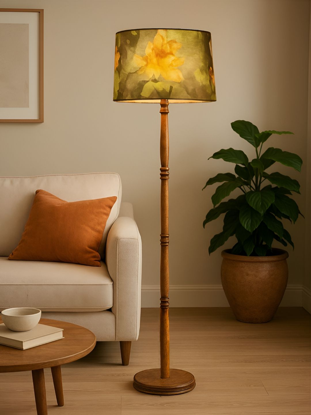 Decorcity Brown & Yellow Printed Wooden Cylinder Shaped Floor Lamp-image-33