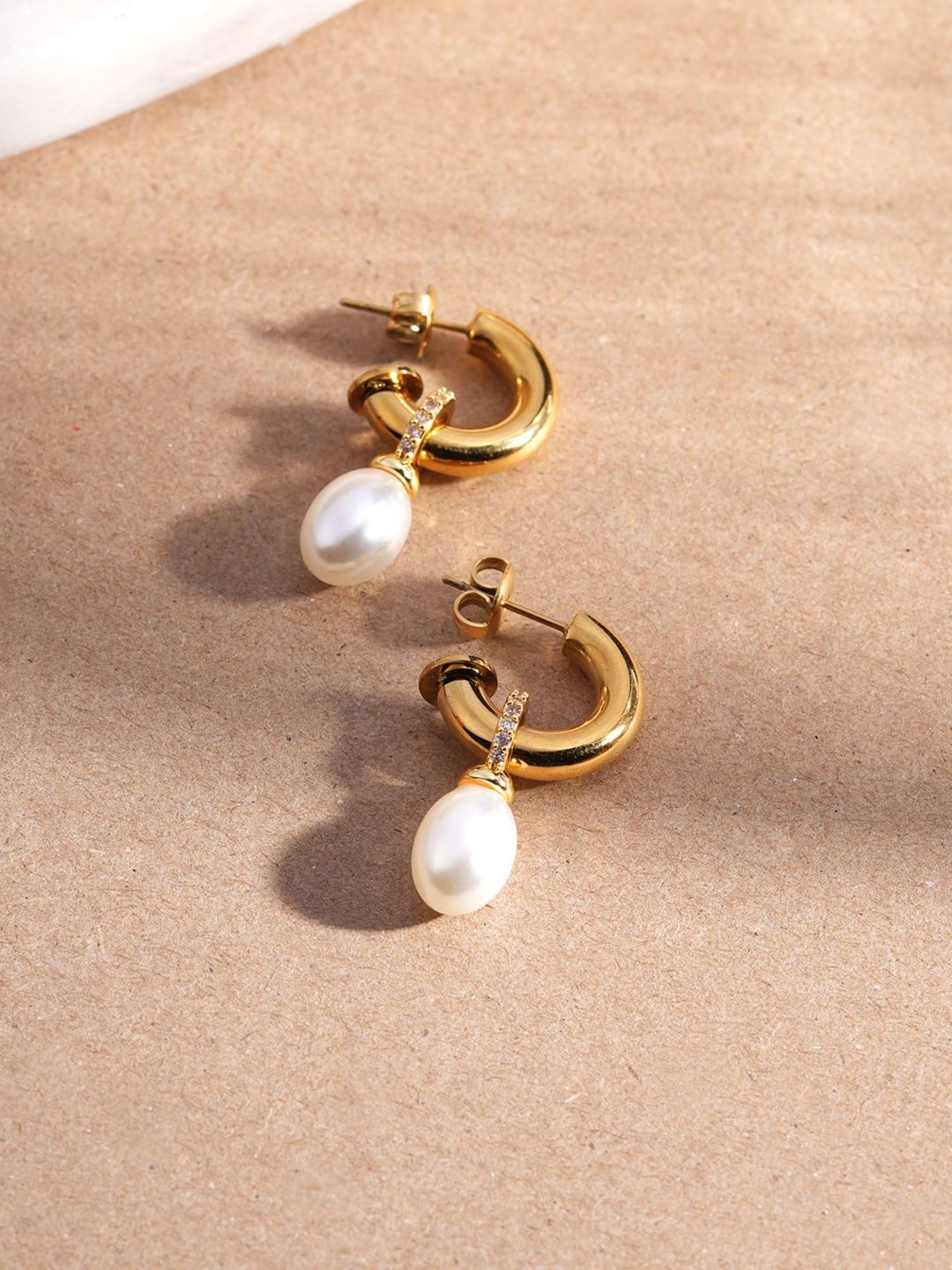 PALMONAS Gold-Plated Stainless Steel Stone Studded & Pearl Beaded Waterproof Hoop Earrings-picture-35