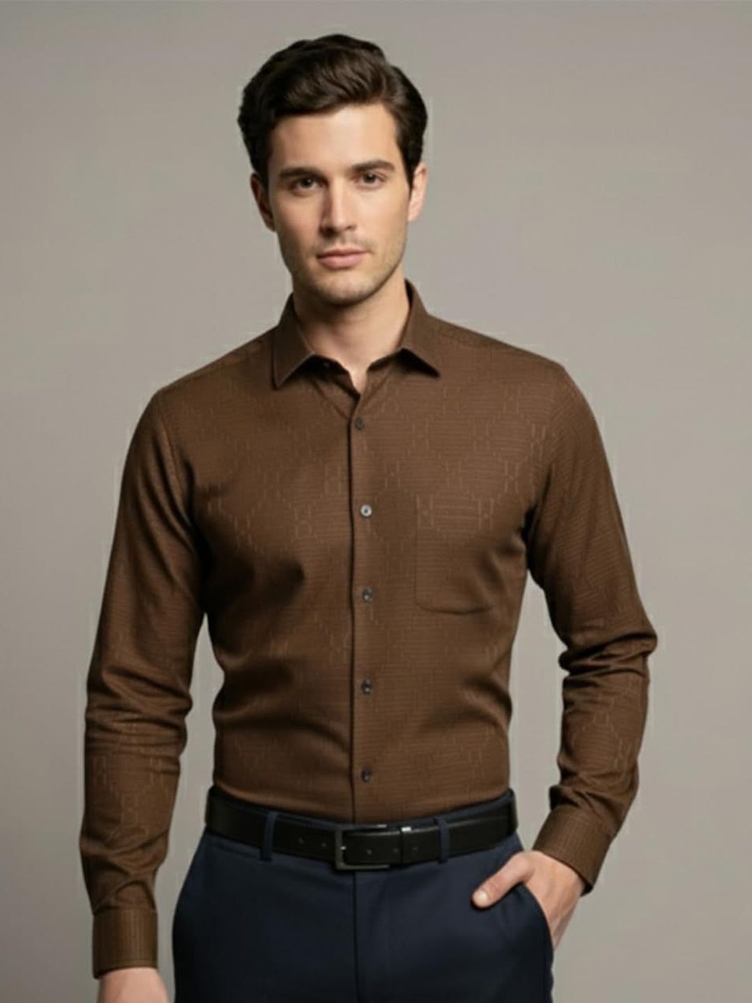 Yugnik Men Smart Slim Fit Textured Spread Collar Cotton Formal Shirt-image-15