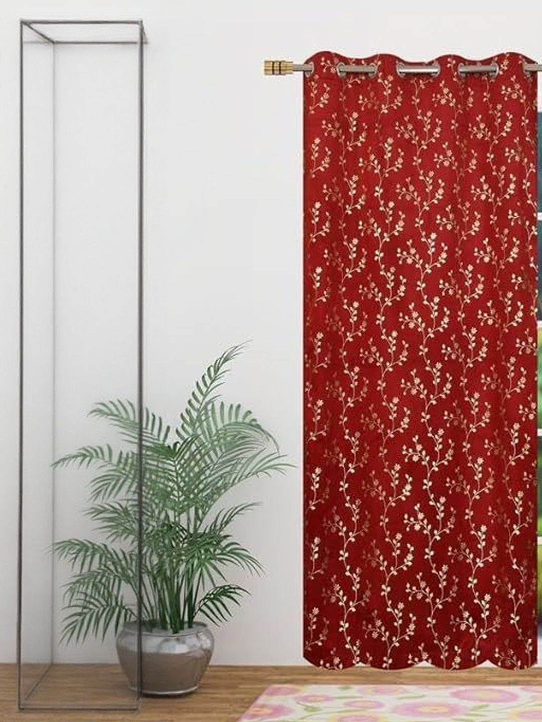 GEET CREATIONS Maroon & Gold Floral Printed Room Darkening Door Curtain-image-49