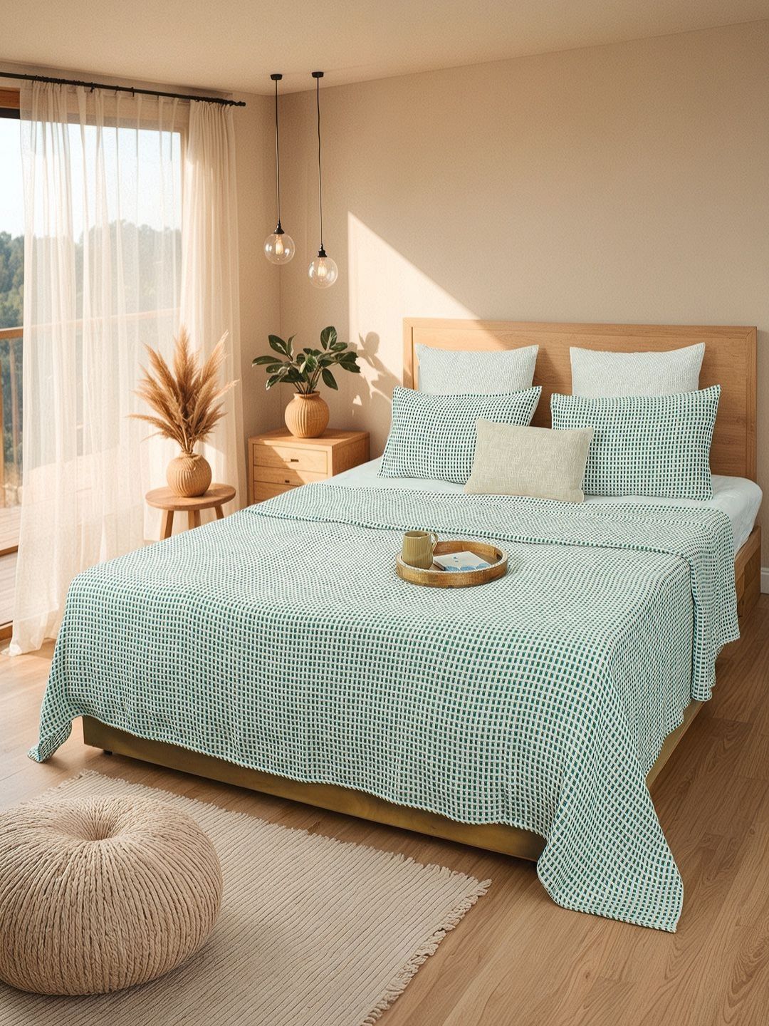 House This Girnar Green & White Self-Designed Double Queen Bed Cover-picture-13