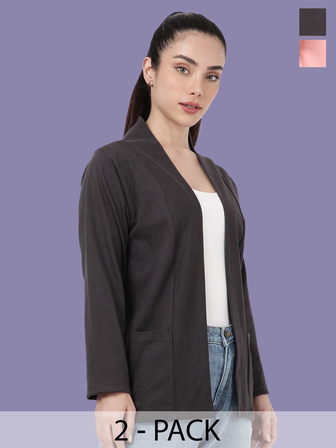 Kryptic Pack Of 2 Open Front Regular Fit Cotton Shrugs With Pocket For Layering-image-22