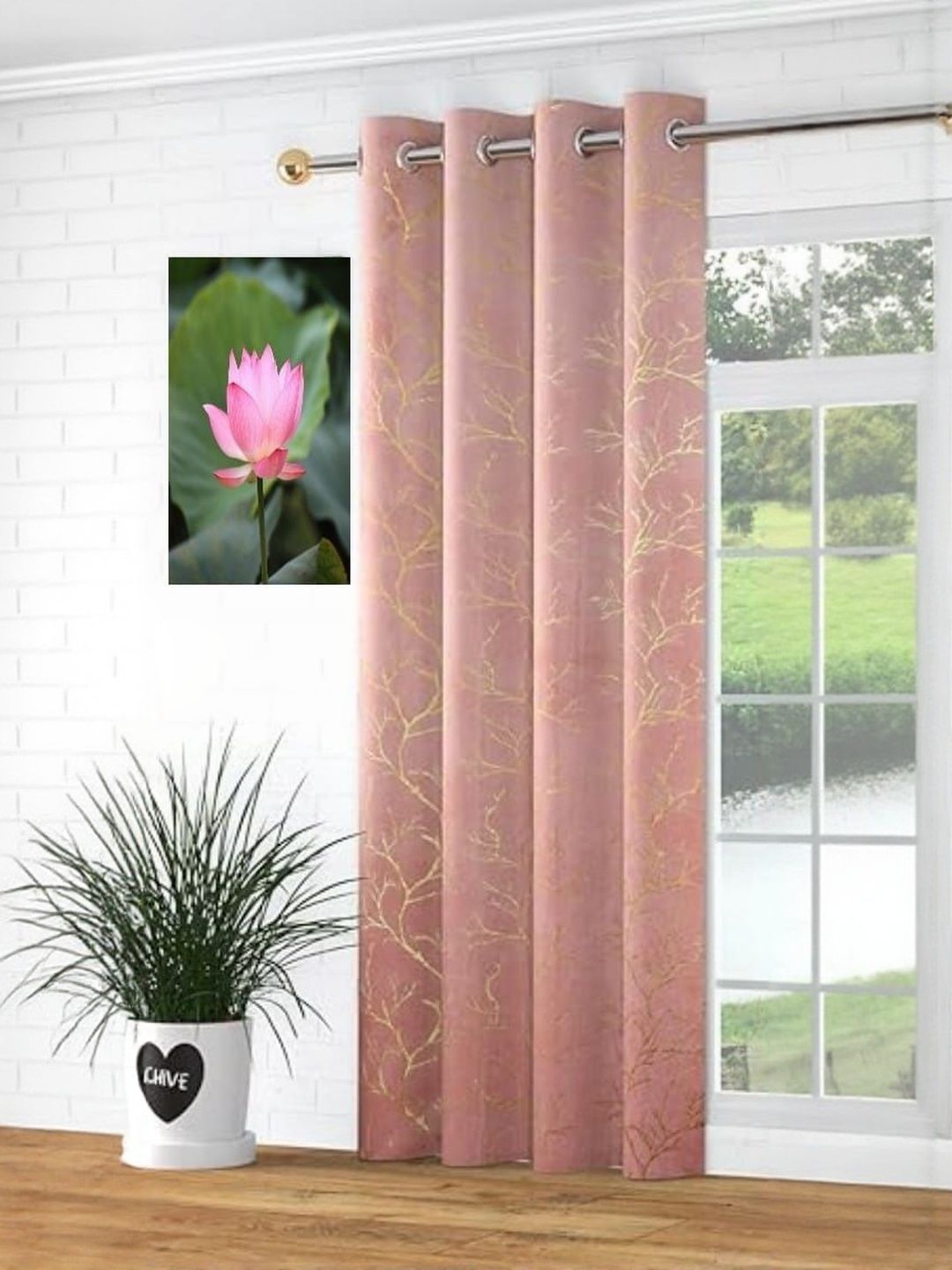 GEET CREATIONS Pink & Gold Toned Floral Velvet Room Darkening Door Curtain-picture-29