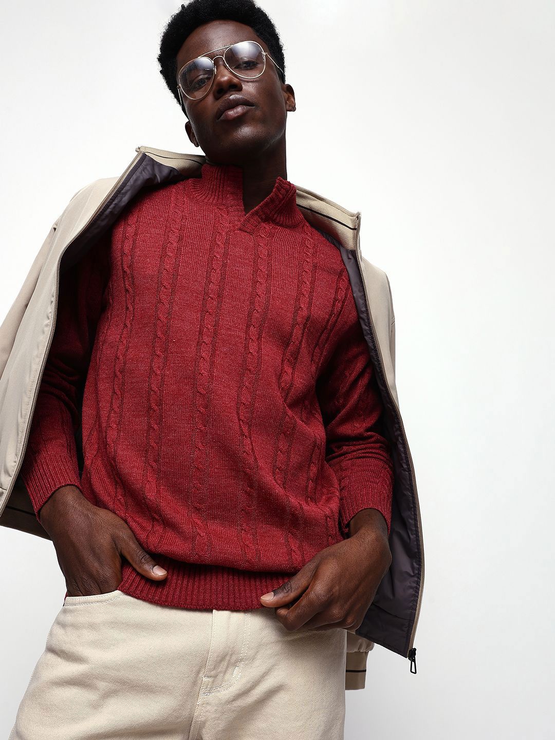 Dennis Lingo Men Cable Knit Self Design Mock Collar Pullover-picture-21