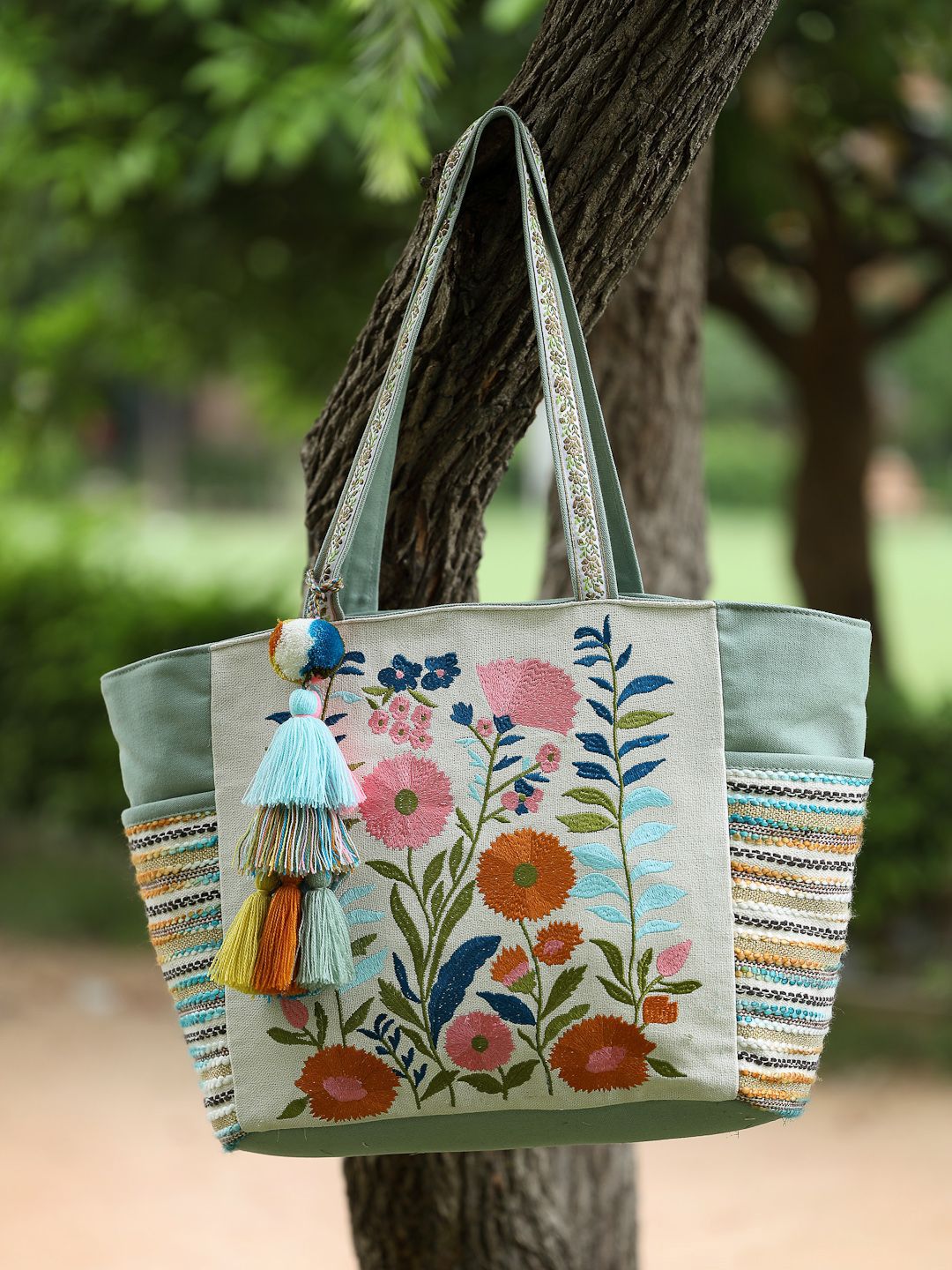Anekaant Floral Embellished Embroidered Cotton Structured Tote Bag with Tasselled-picture-50