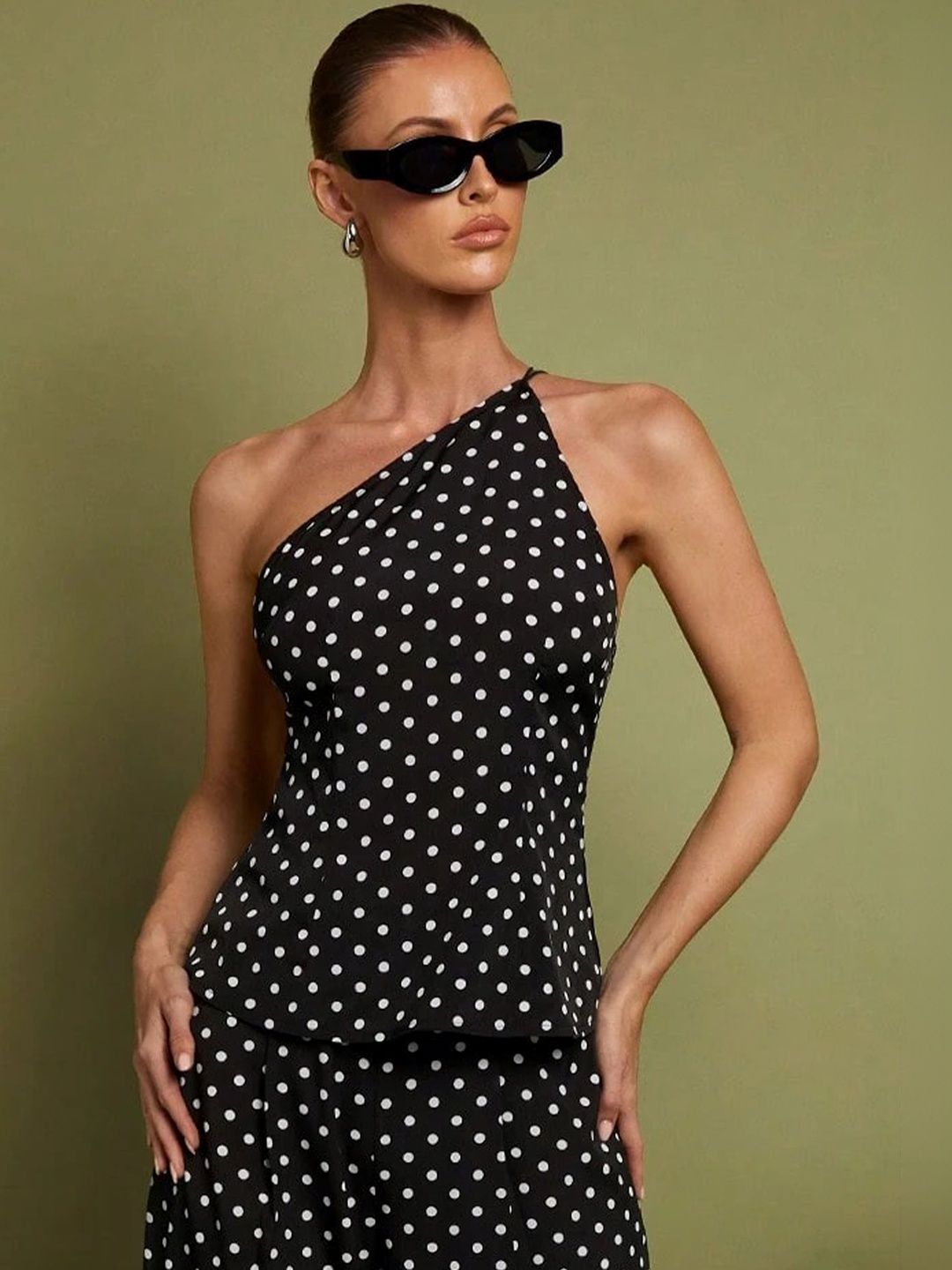 ZYNG Polka Dot Print One Shoulder Crepe Top-picture-28
