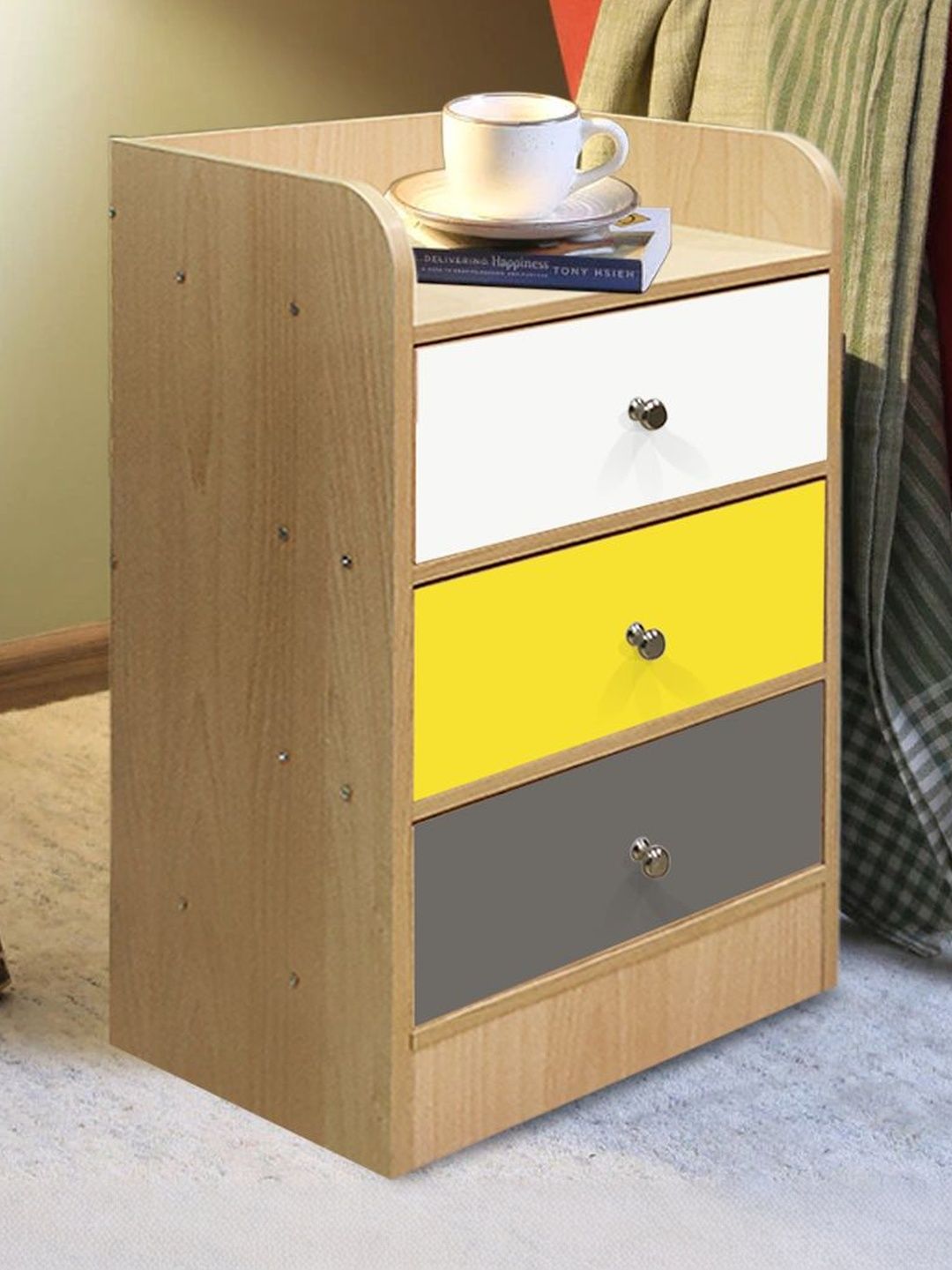 Kawachi Beige & White Wooden 3 Drawer Bedside Table