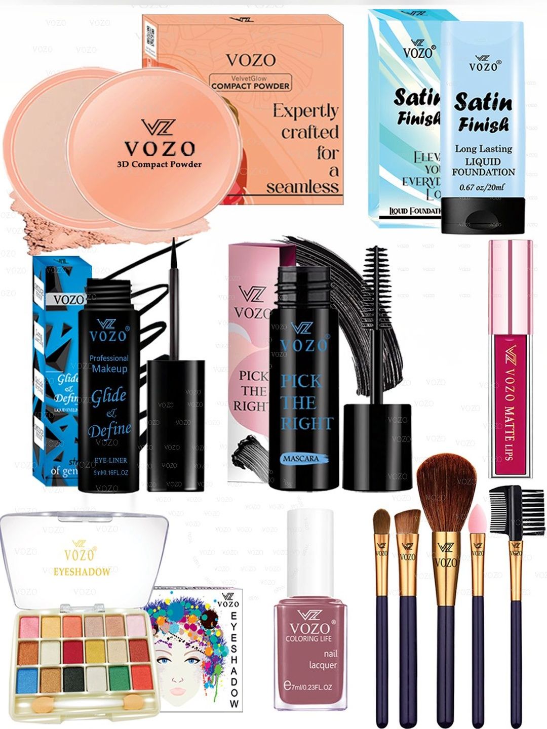 VOZO Set Of 12 Lipstick, Eyeliner, Compact Powder, Eyeshadow, Brushes & Nail Polish-picture-37