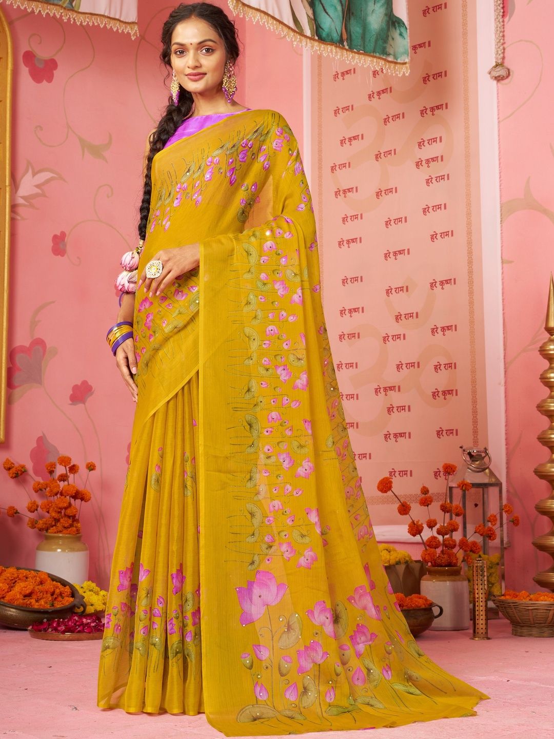 Garden Vareli Floral Sequinned Pure Chiffon No Border Saree Without Blouse Piece-image-28
