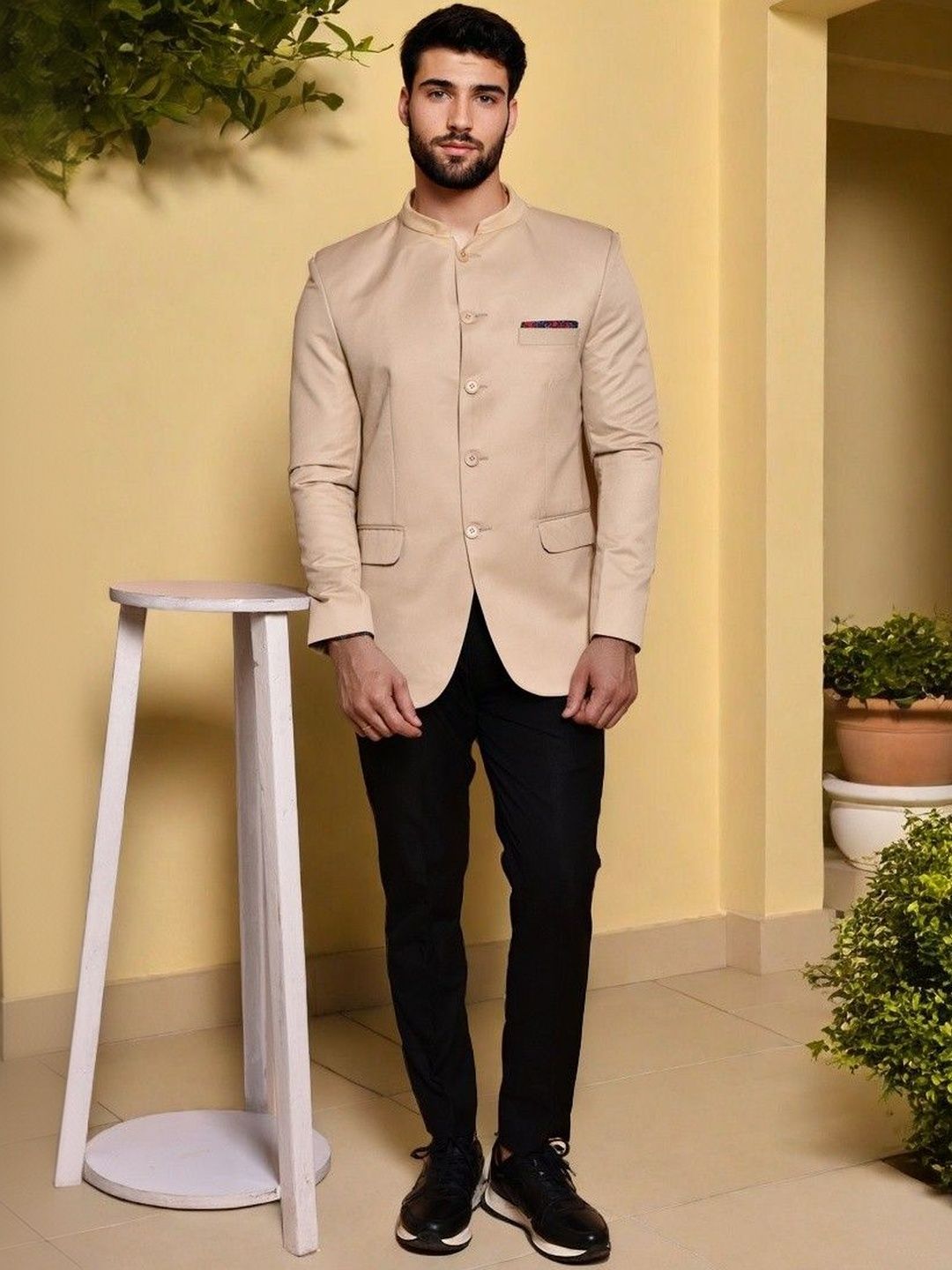 PRINTINDIA Men Solid Mandarin Collar Neck Long Sleeves Blazer-picture-0