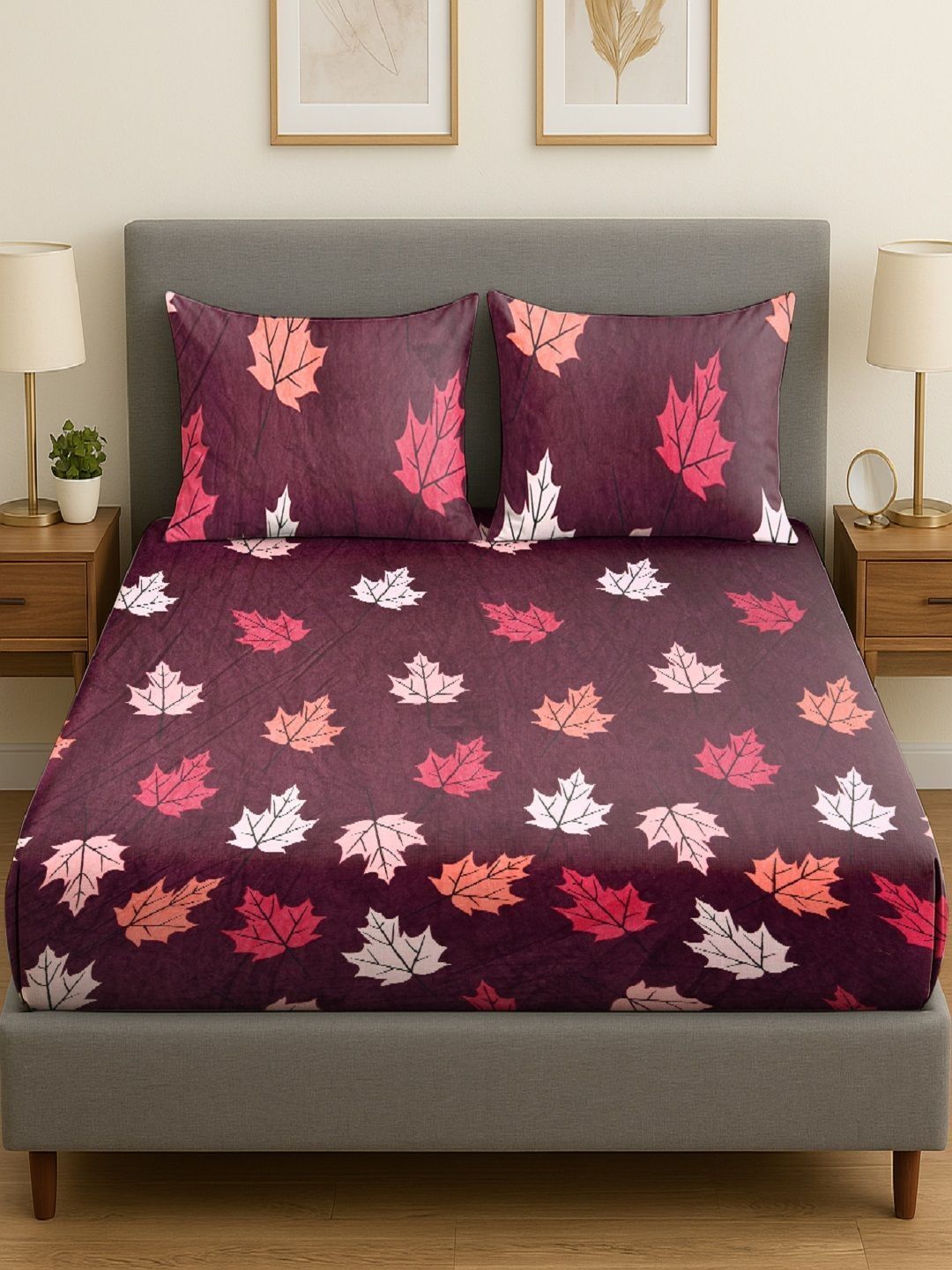 RRC Maroon Floral 300 TC Bedsheet with 2 Pillow Covers-picture-15