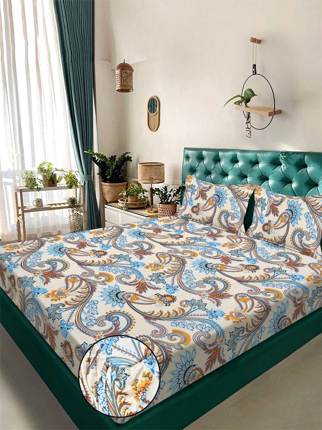 KLOTTHE Beige Floral Printed Fitted 300 TC Cotton Blend King Bedsheet with 2 Pillow Covers-picture-12
