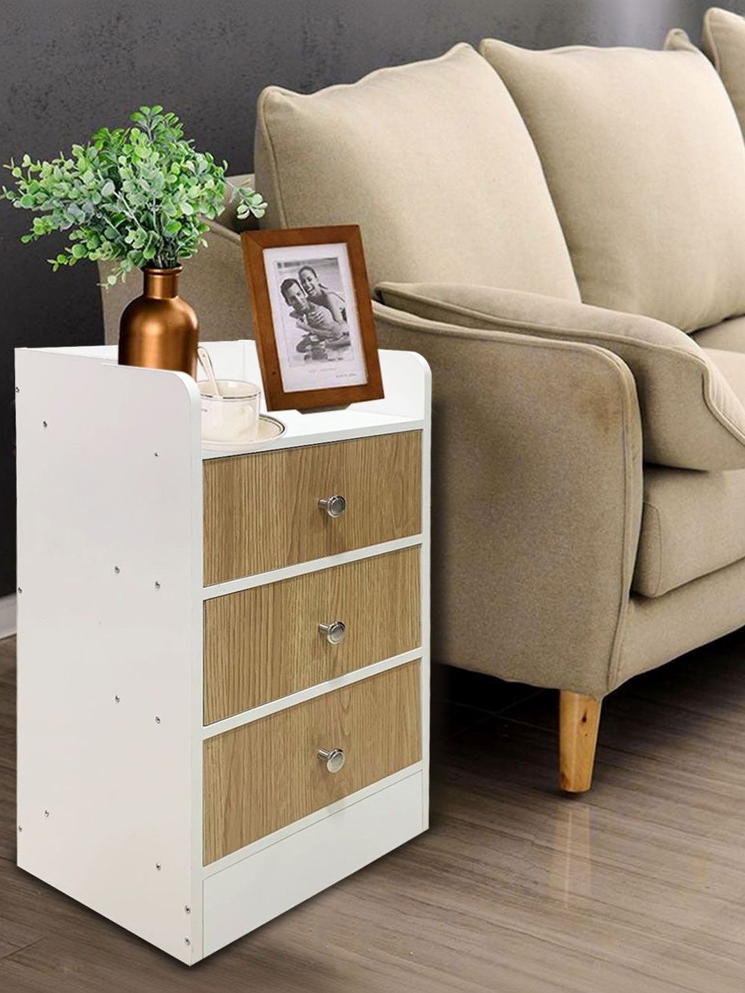 Kawachi White Wooden 3 Drawer Bedside Table
