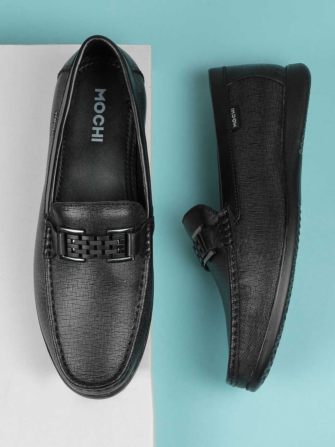 Mochi Men Textured Round Toe Leather Formal Loafers With Buckles-picture-25