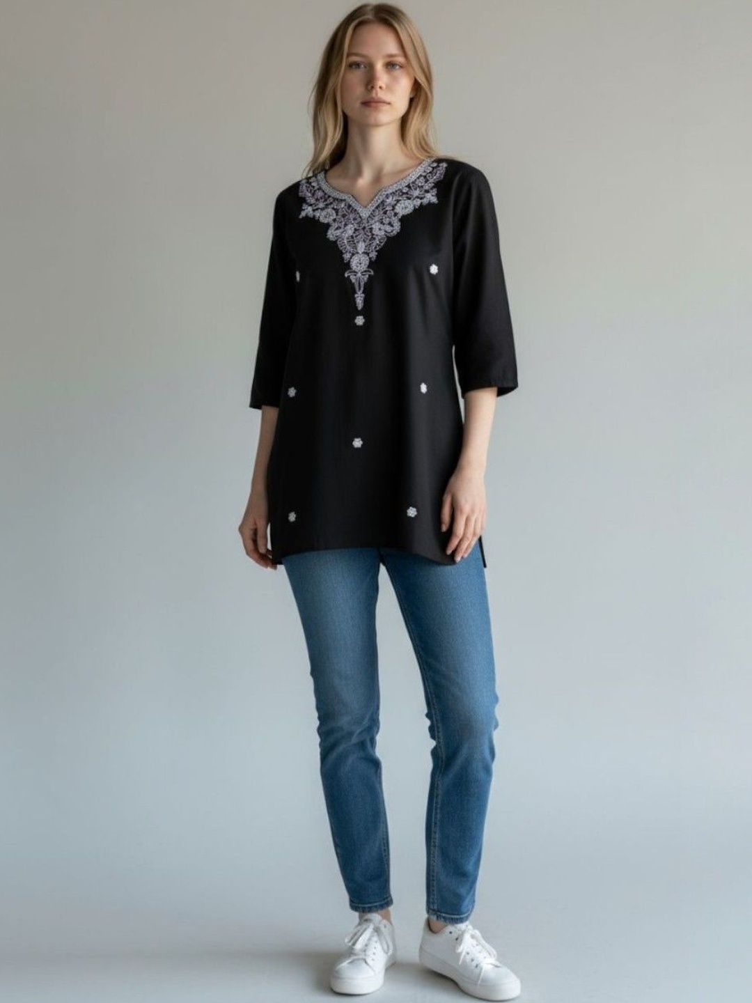 LASAFIYA Ethnic Motifs Embroidered V-Neck Chikankari Kurti-picture-41