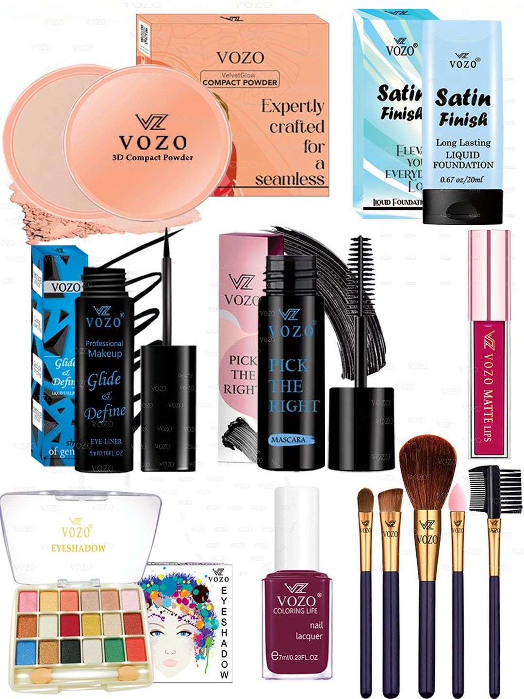 VOZO Set Of 12 Lipstick, Eyeliner, Compact Powder, Eyeshadow, Brushes & Nail Polish-image-31