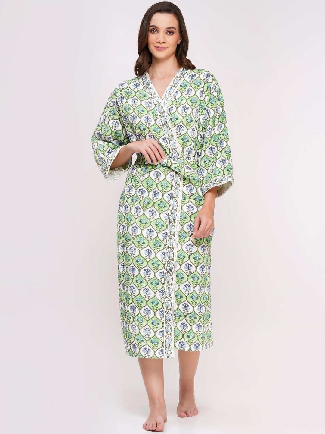 POORAK Green Floral Printed Tie-Ups Knee Length Cotton Bath Robe-image-48